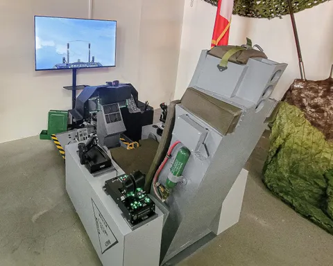 The simulator cockpit with TV in front